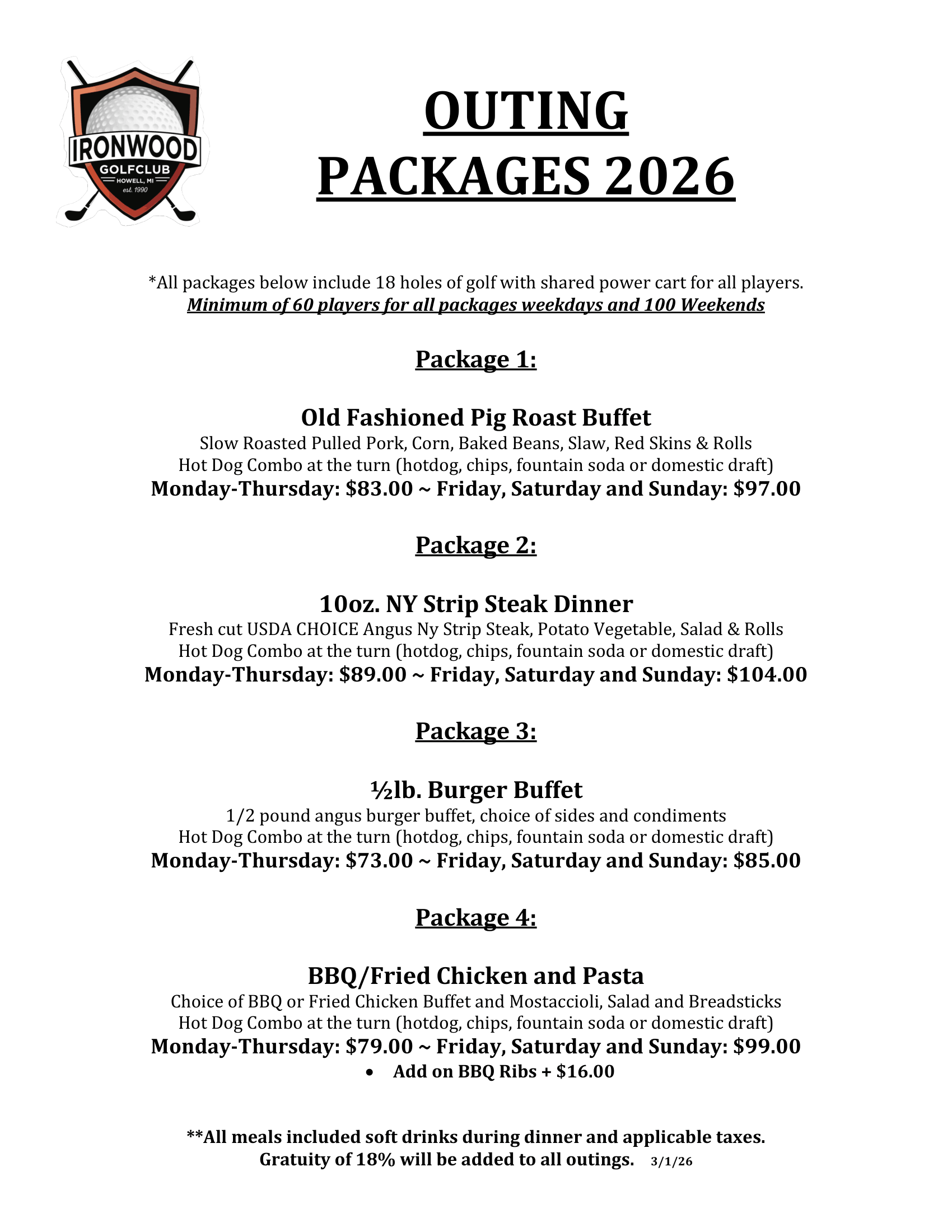 OUTING PACKAGES 2026
